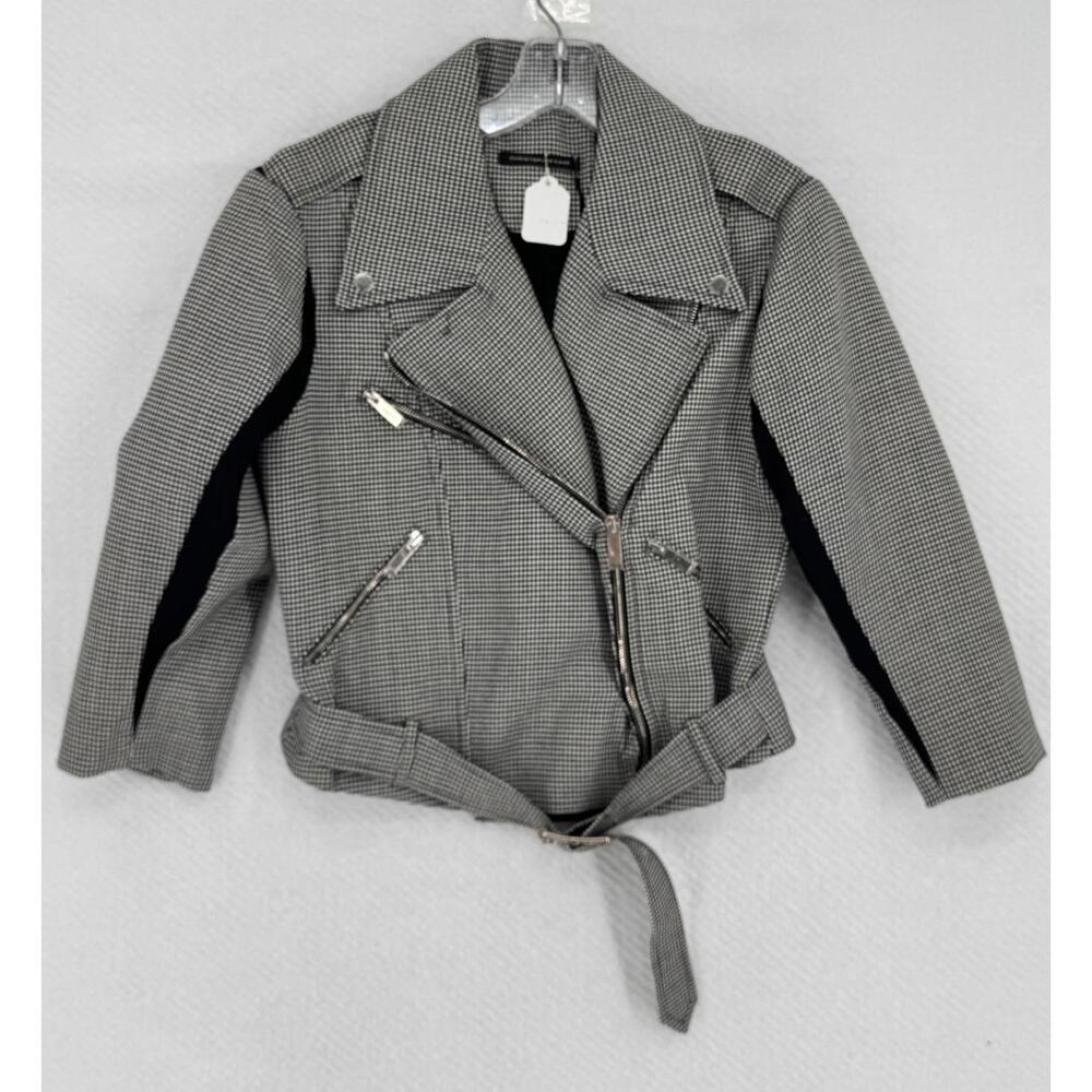 Christopher Kane Black White Houndstooth Wool Collared Moto Jacket Sz 8 NEW - Picture 1 of 8